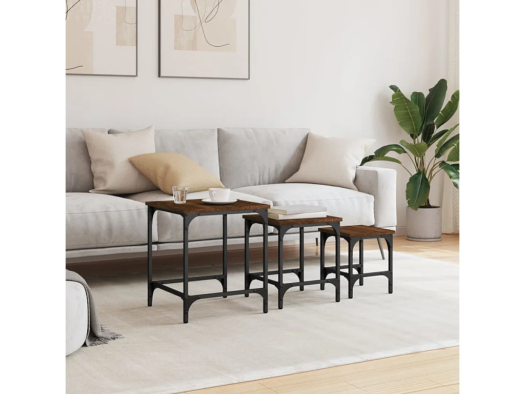 Mesas de centro apilables 3 piezas madera ingeniería roble marrón