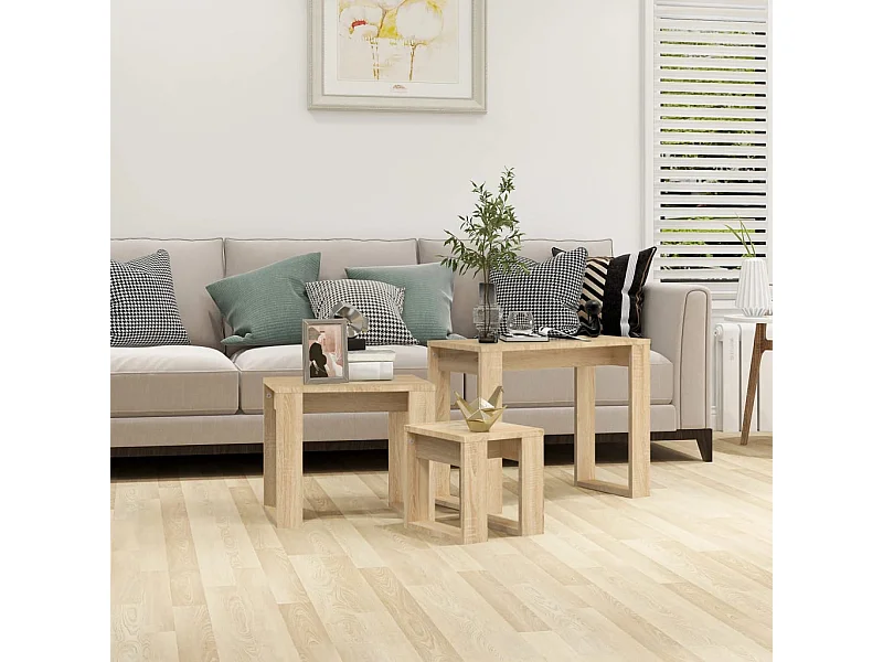 Mesas apilables 3 piezas madera contrachapada color roble Sonoma