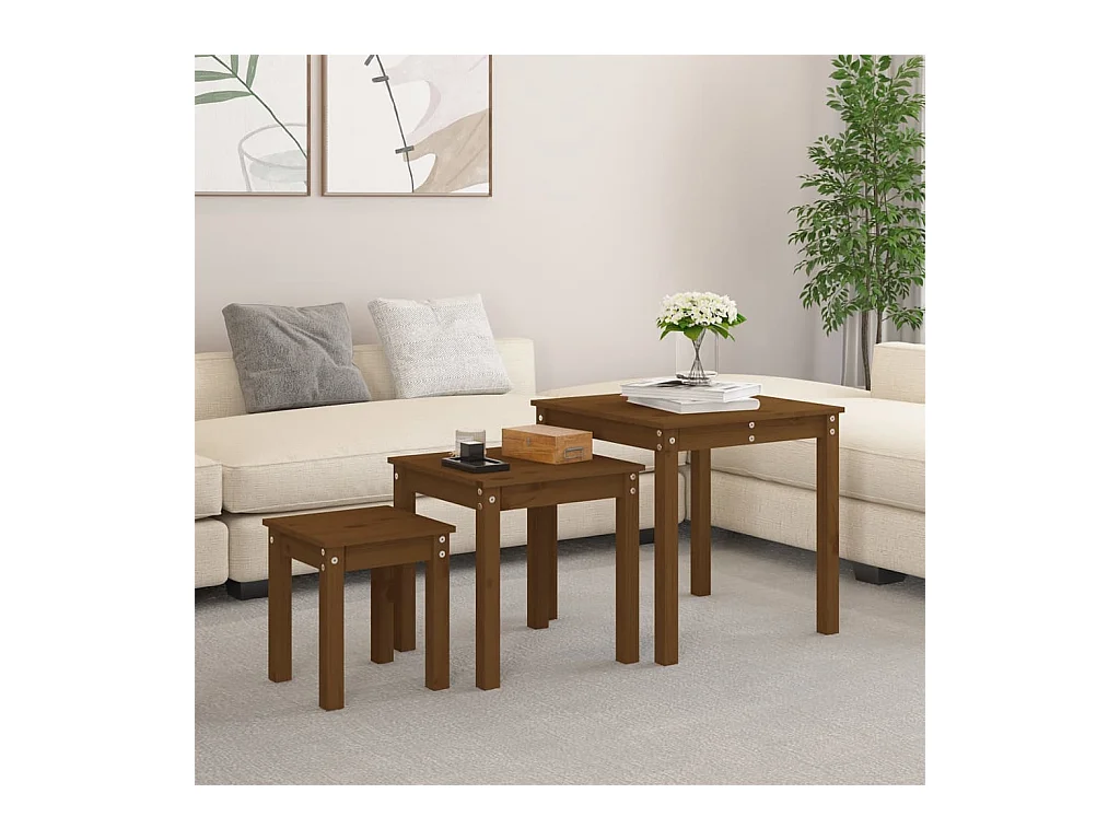 Tables gigognes 3 pièces Marron miel Bois de pin massif