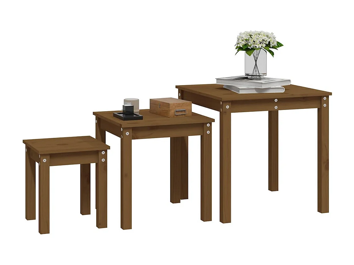 Tables gigognes 3 pièces Marron miel Bois de pin massif