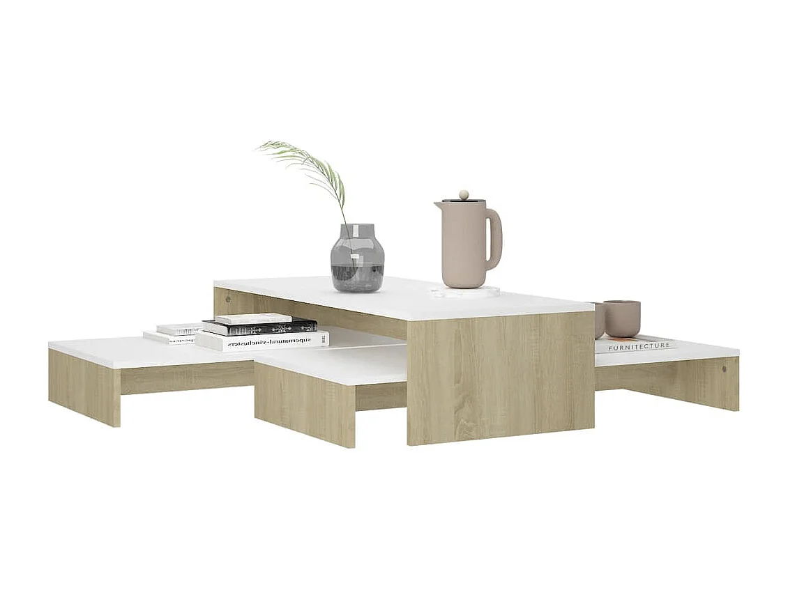 Ensemble tables basses gigognes Blanc et chêne 100x100x26,5 cm