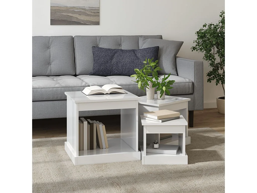 Mesas apilables 3 piezas madera contrachapada blanco brillante