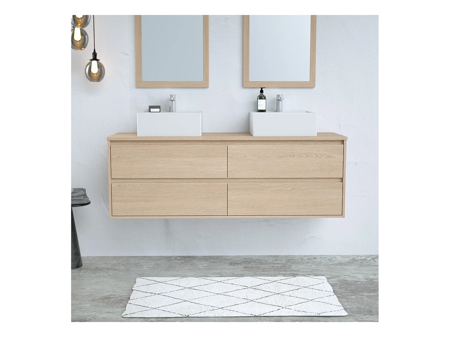 Meuble sous vasque suspendu avec planche - Placage chêne - 150 cm - MILIPAM