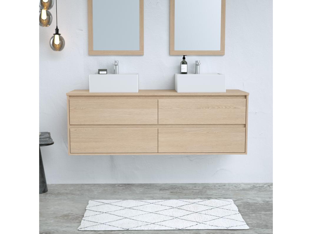 Meuble sous vasque suspendu avec planche - Placage chêne - 150 cm - MILIPAM