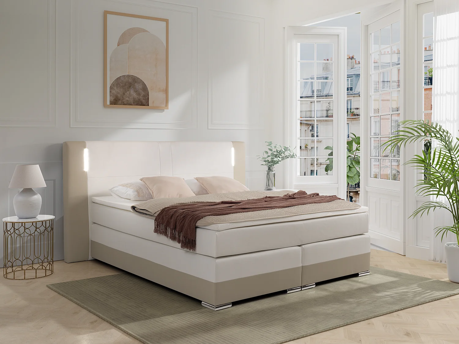 LED-Boxspringbett mit Kopfteil + Lattenroste + Matratzen + Topper - 160 x 200 cm - Kunstleder - Weiß & Cremefarben - ASTI von YSMÉE