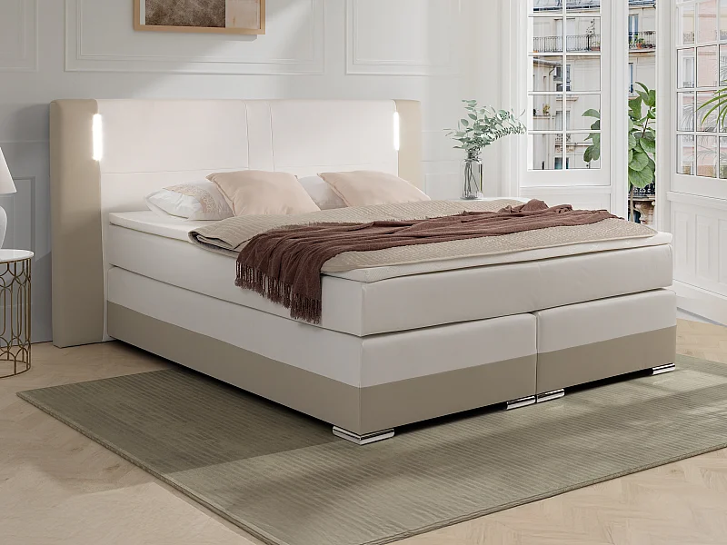 Ensemble complet boxspring tête de lit avec leds + sommiers + matelas + surmatelas - 160 x 200 cm - Simili - Crème et blanc - ASTI II de YSMÉE