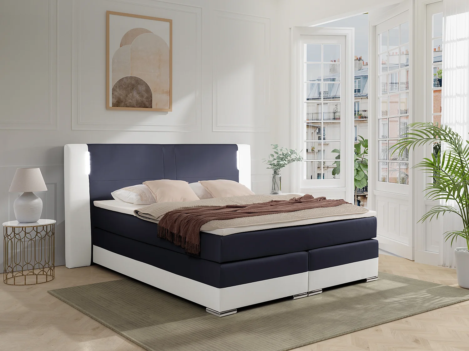Ensemble complet boxspring tête de lit avec leds + sommiers + matelas + surmatelas - 180 x 200 cm - Simili - Blanc et gris - ASTI II de YSMÉE