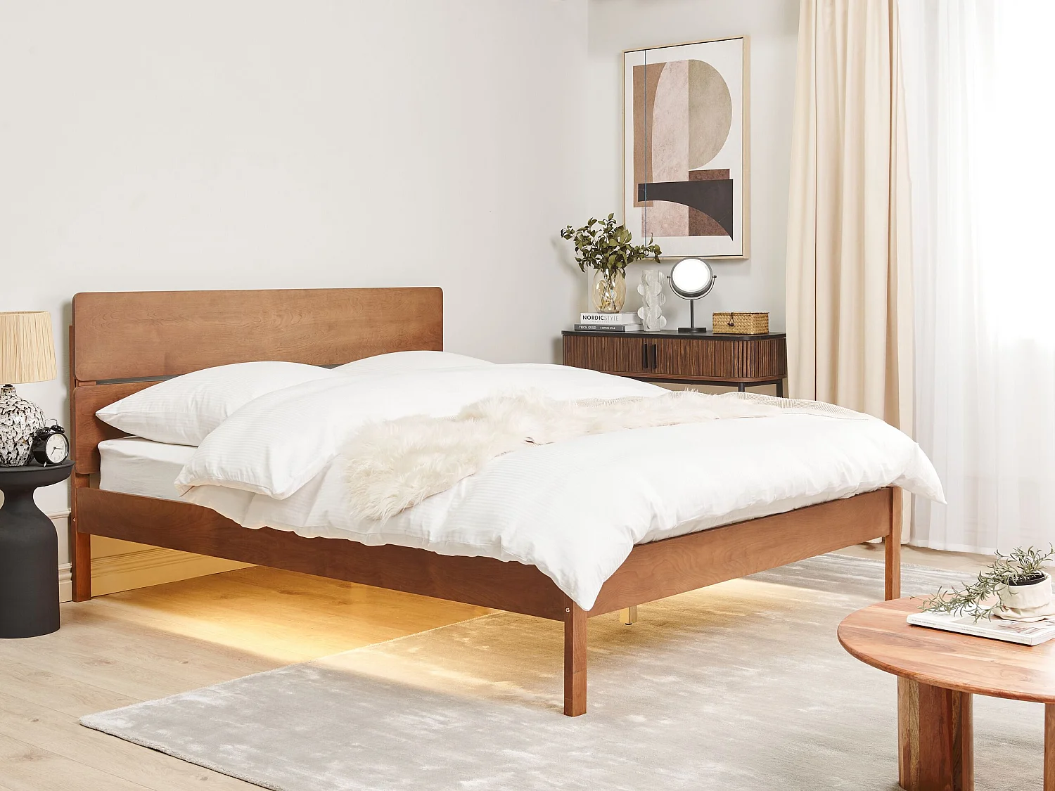 Bed with LED Wood BOISSET 160 x 200 cm (EU King Size) Dark Brown