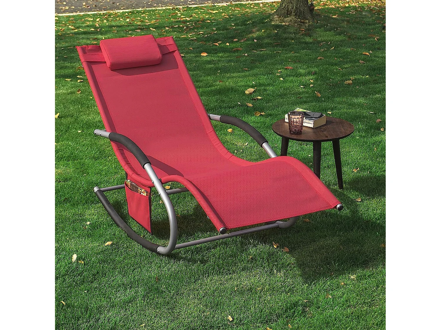 SoBuy Chaise Longue Transat de Jardin Bascule avec Appui-Tête Réglable, Pochette de Rangement et Repose-Pieds, Rouge, OGS28-Rx2