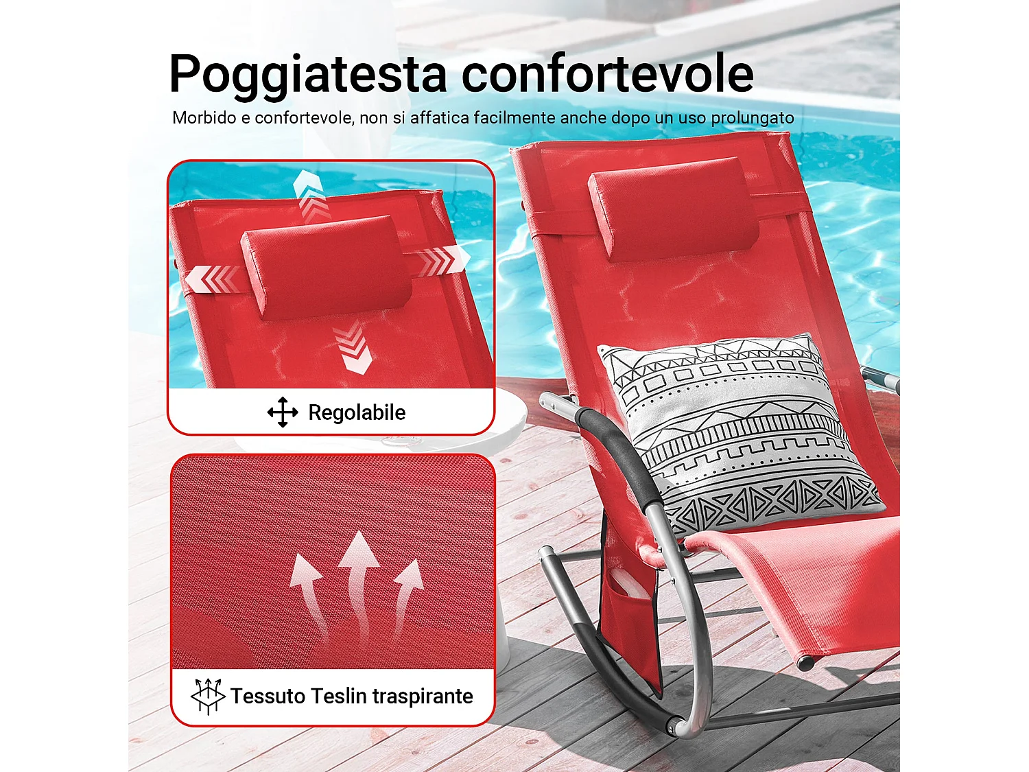 SoBuy Chaise Longue Transat de Jardin Bascule avec Appui-Tête Réglable, Pochette de Rangement et Repose-Pieds, Rouge, OGS28-Rx2