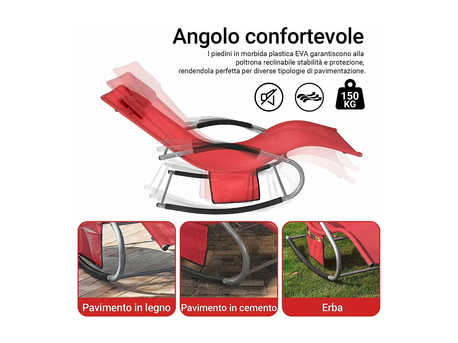 SoBuy Chaise Longue Transat de Jardin Bascule avec Appui-Tête Réglable, Pochette de Rangement et Repose-Pieds, Rouge, OGS28-Rx2