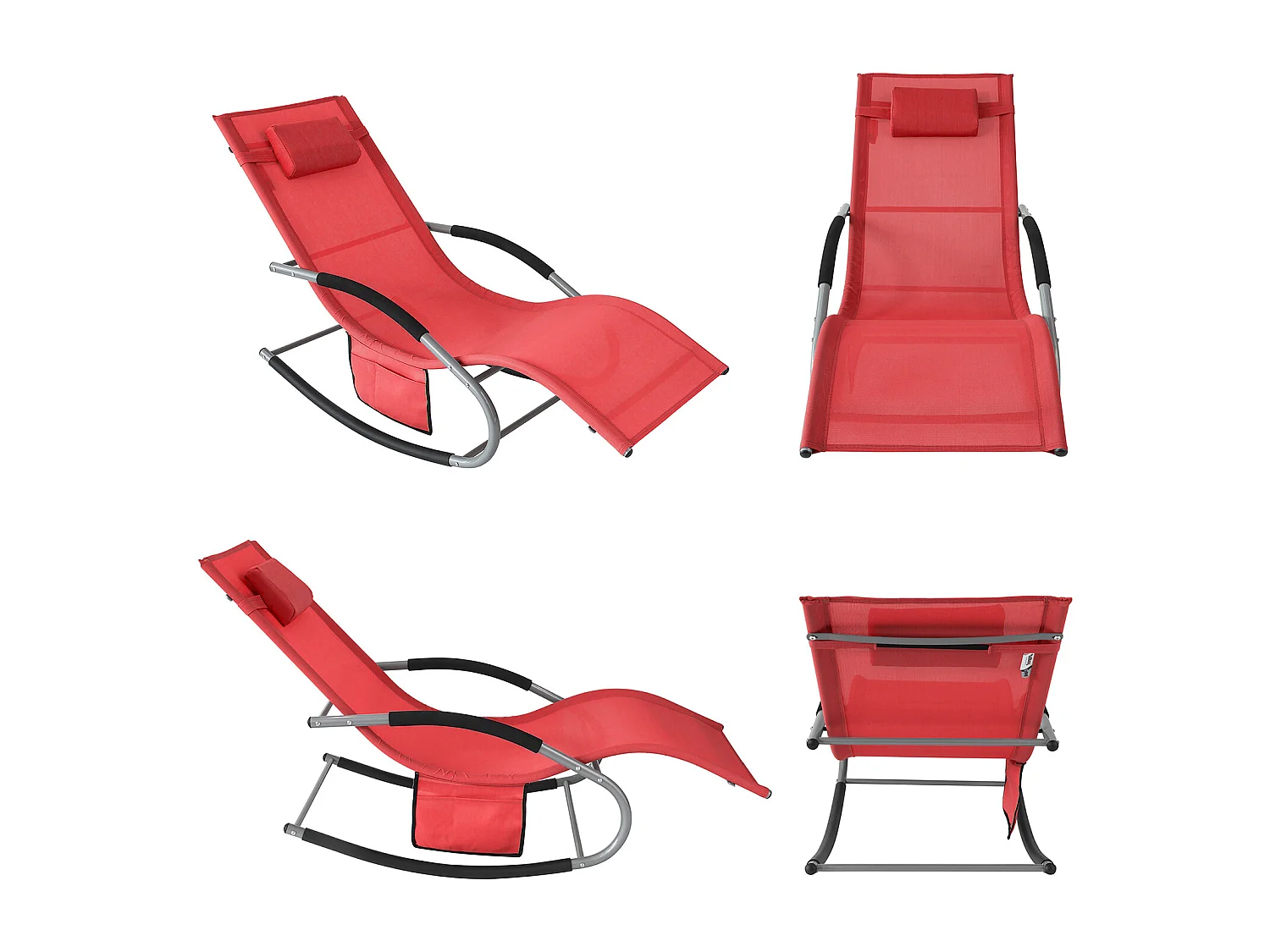 SoBuy Chaise Longue Transat de Jardin Bascule avec Appui-Tête Réglable, Pochette de Rangement et Repose-Pieds, Rouge, OGS28-Rx2