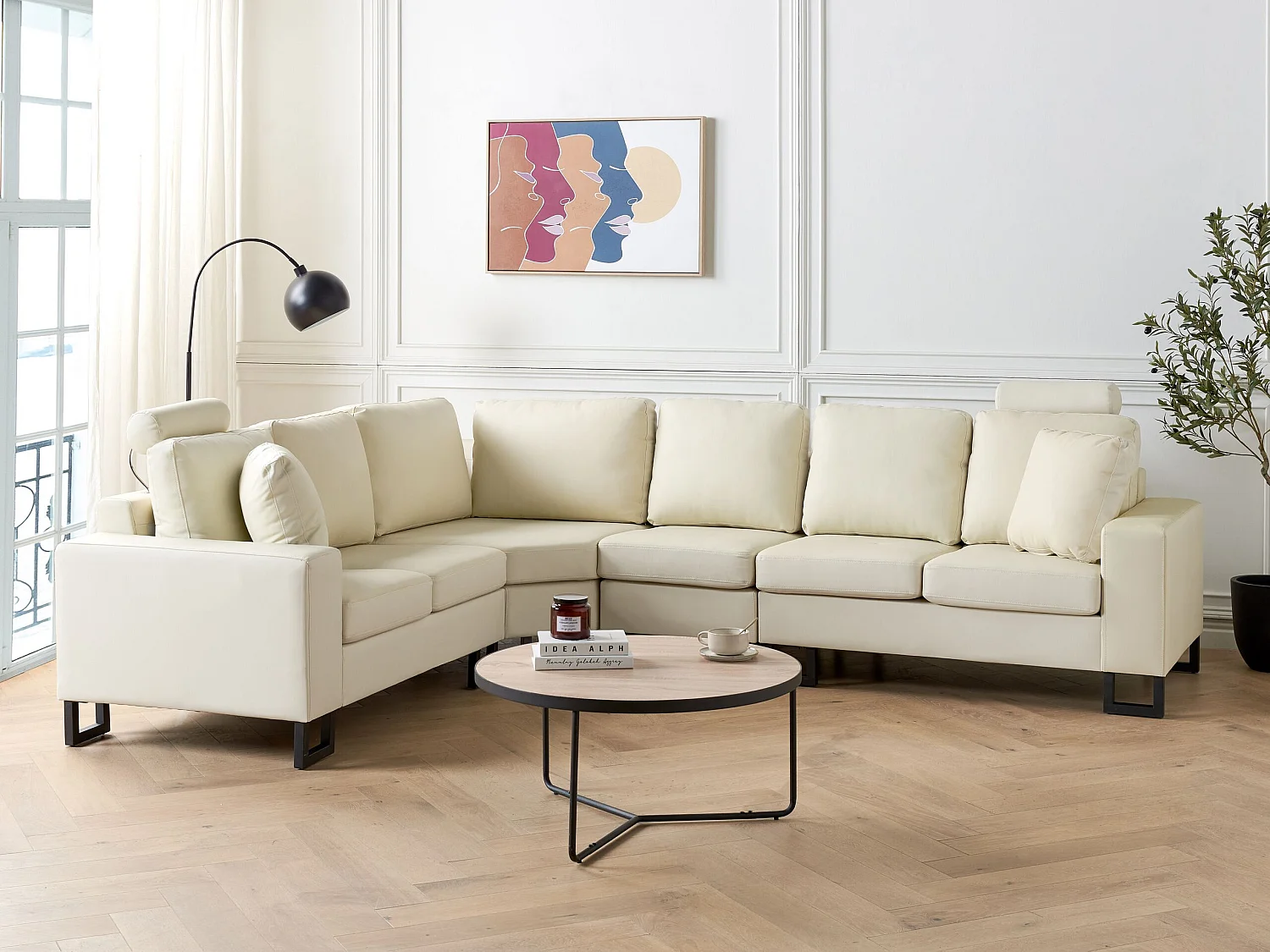 Canapé d'angle STOCKHOLM Cuir Crème 6 places Côté droit