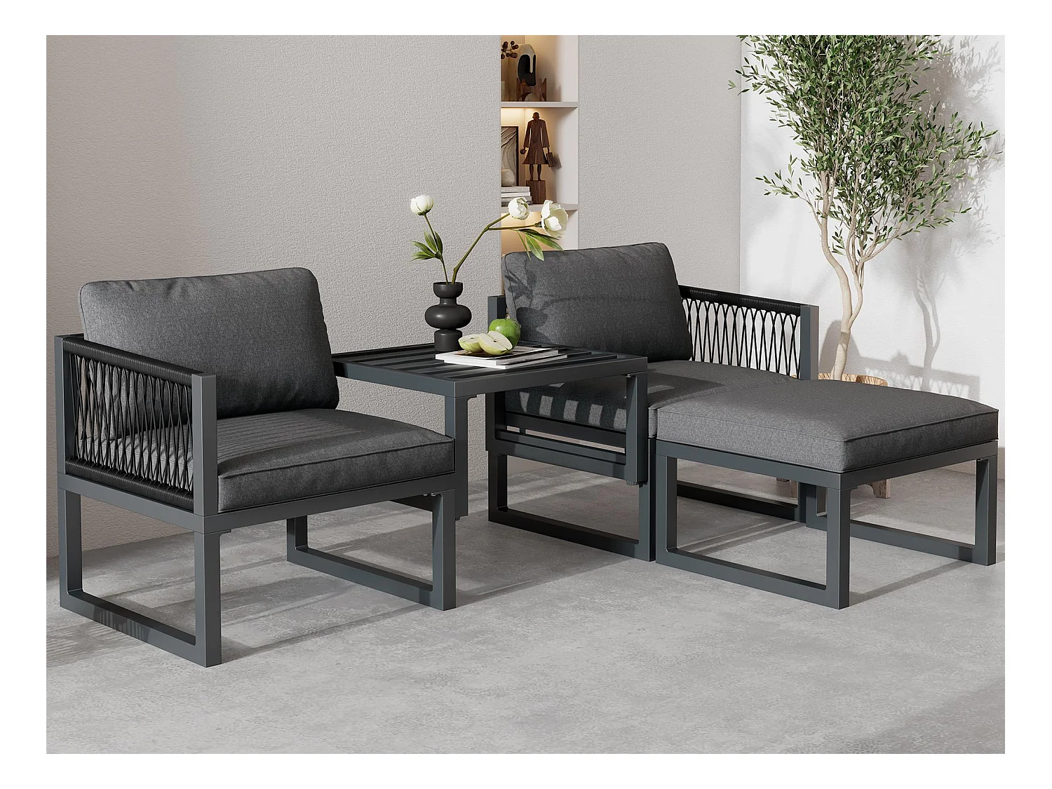 Multifunctionele aluminium tuinmeubelsets - 2 fauteuils, 2 krukken - Grijs