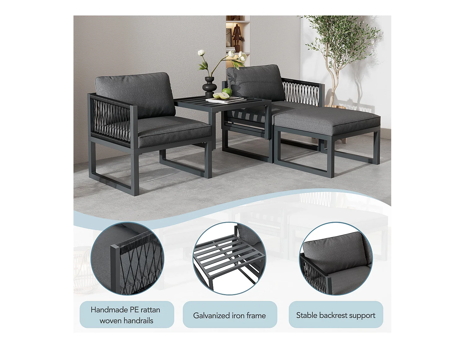 Ensembles de salon de jardin multifonctionnel en aluminium - 2 fauteuils, 2 tabourets - Gris