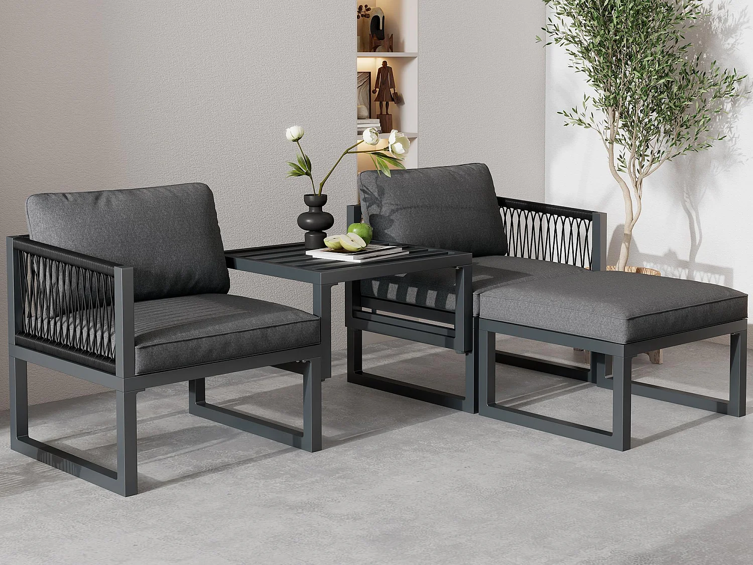 Multifunctionele aluminium tuinmeubelsets - 2 fauteuils, 2 krukken - Grijs