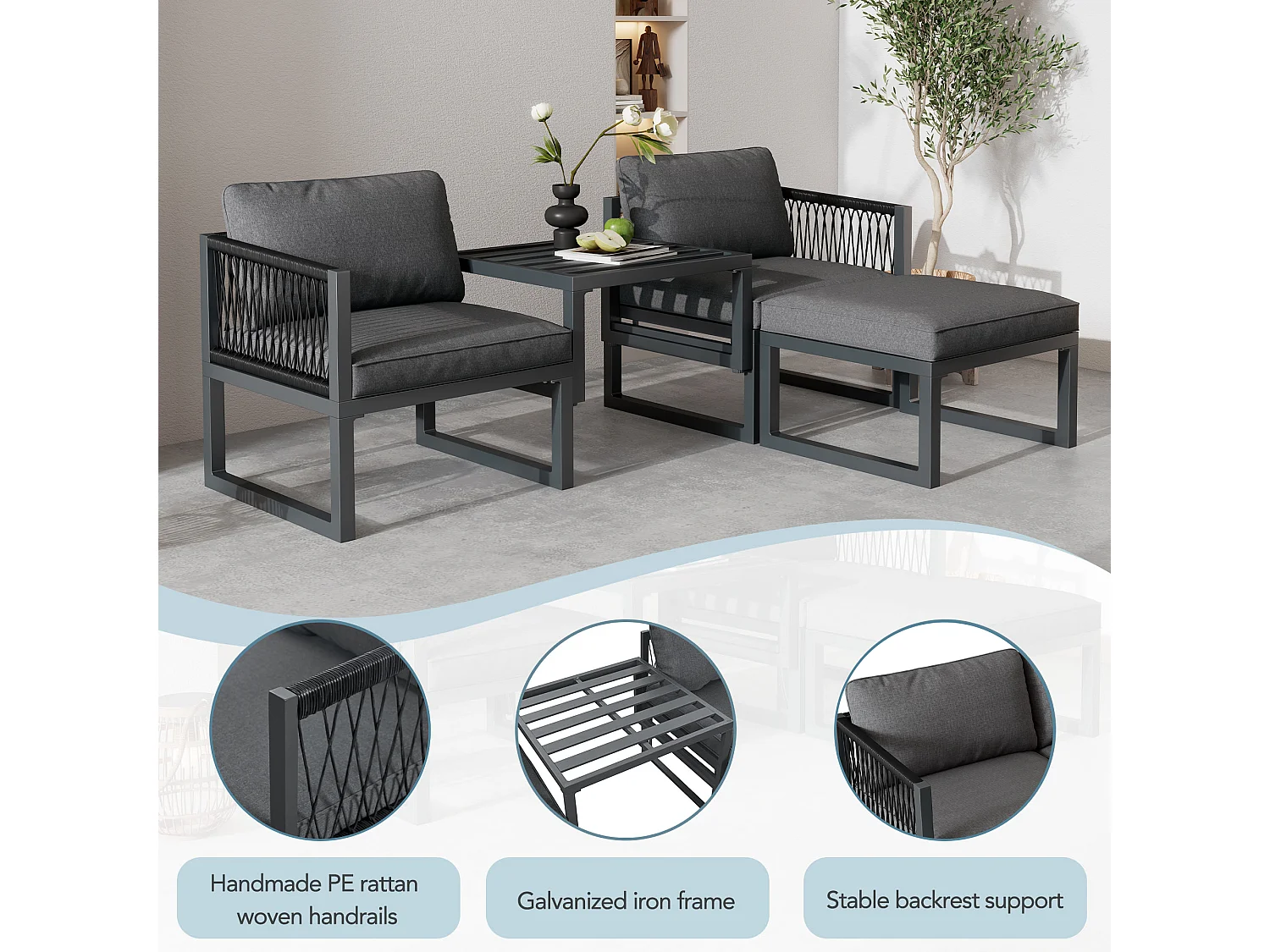 Multifunctionele aluminium tuinmeubelsets - 2 fauteuils, 2 krukken - Grijs