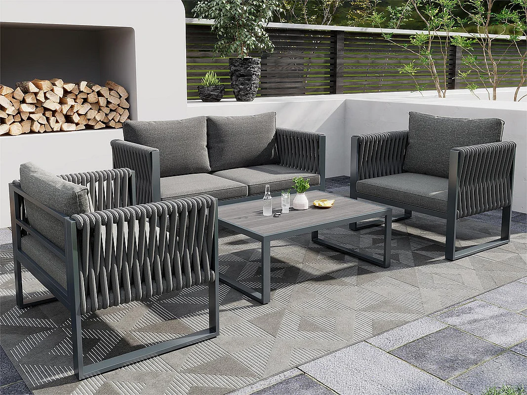 Muebles de jardín de hierro galvanizado - 4 plazas - 1 sofá, 2 sillones y 1 mesa de centro de WPC - decorado con cuerda gruesa - Gris