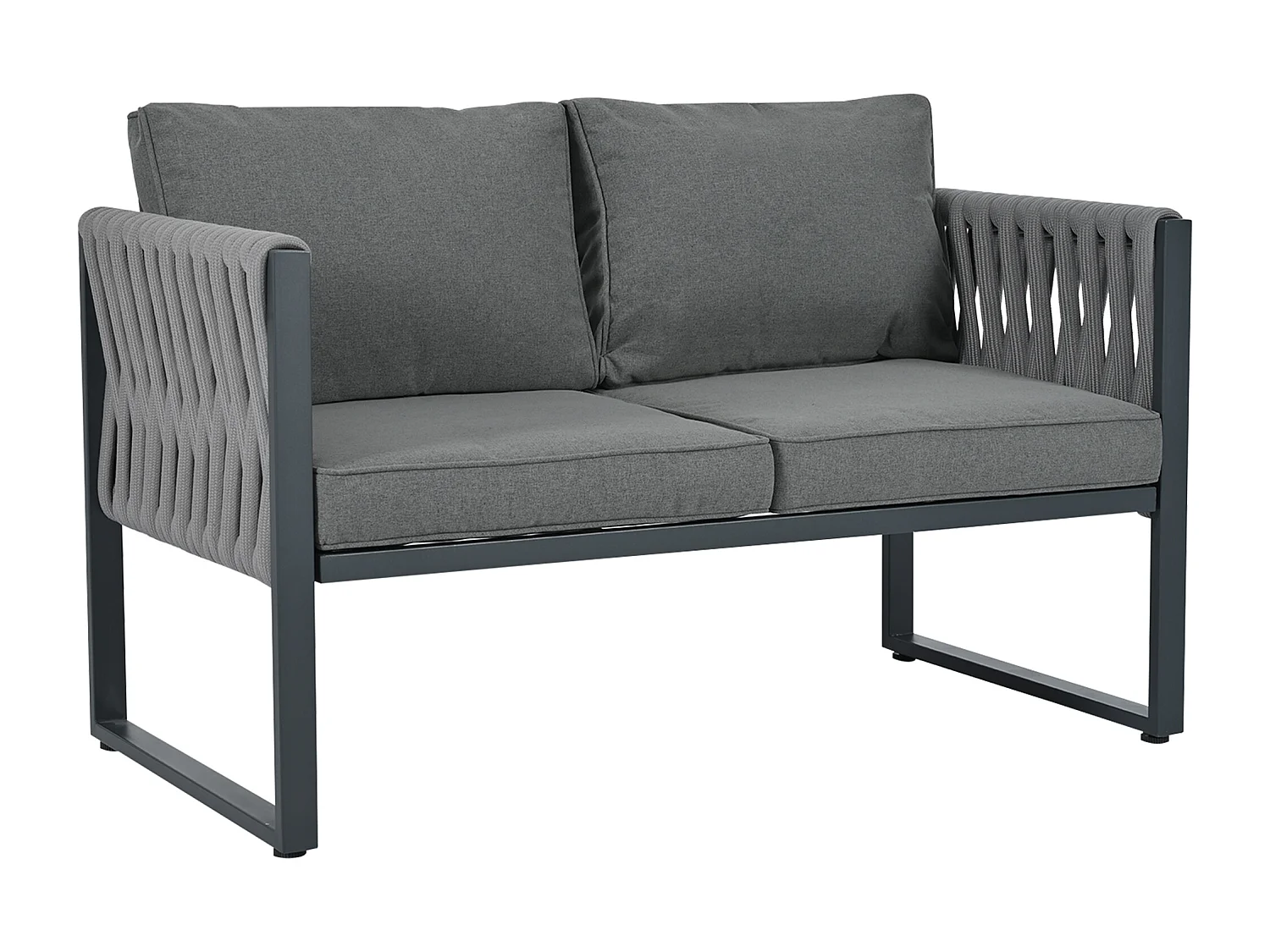 Muebles de jardín de hierro galvanizado - 4 plazas - 1 sofá, 2 sillones y 1 mesa de centro de WPC - decorado con cuerda gruesa - Gris