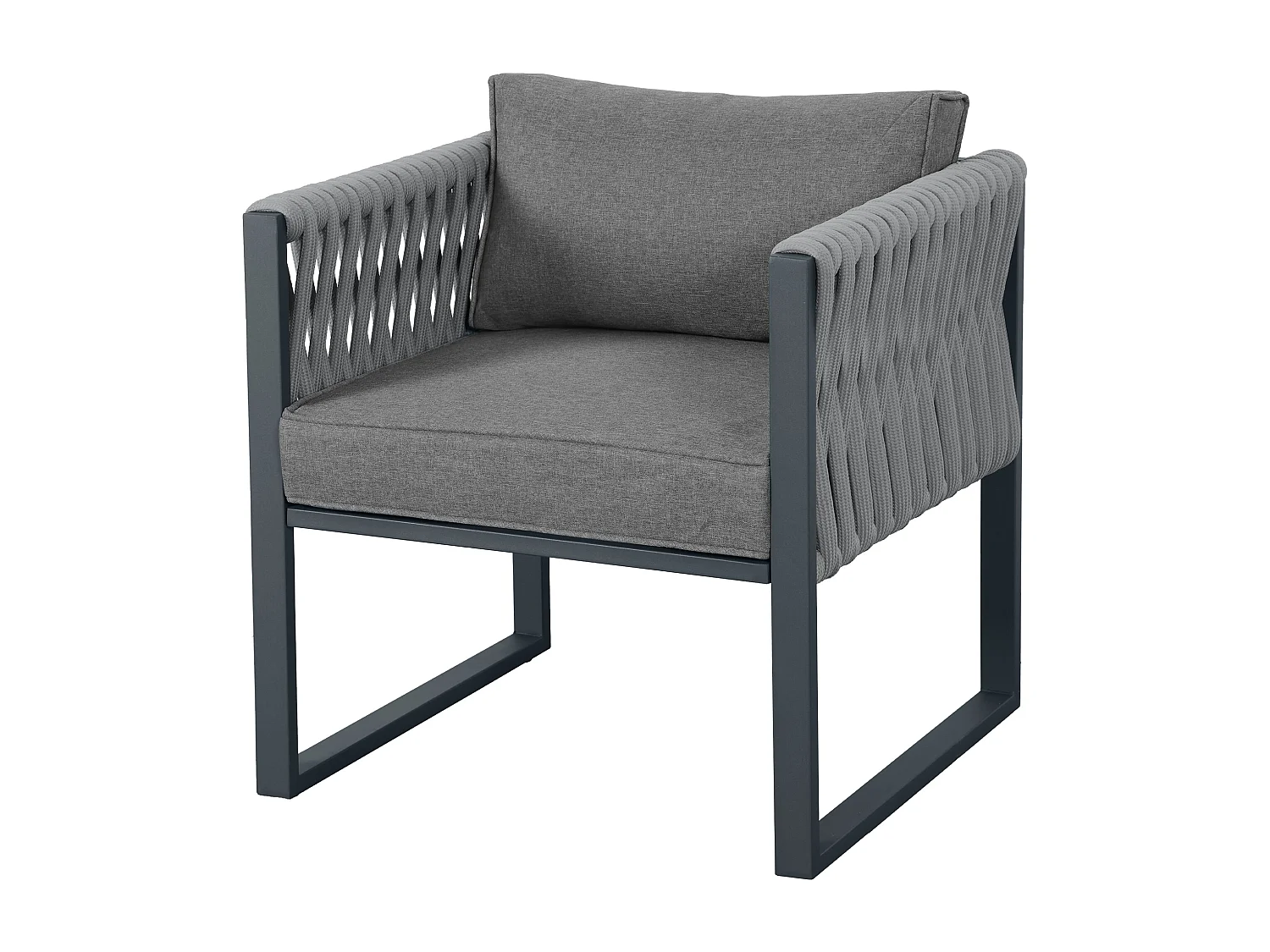 Muebles de jardín de hierro galvanizado - 4 plazas - 1 sofá, 2 sillones y 1 mesa de centro de WPC - decorado con cuerda gruesa - Gris