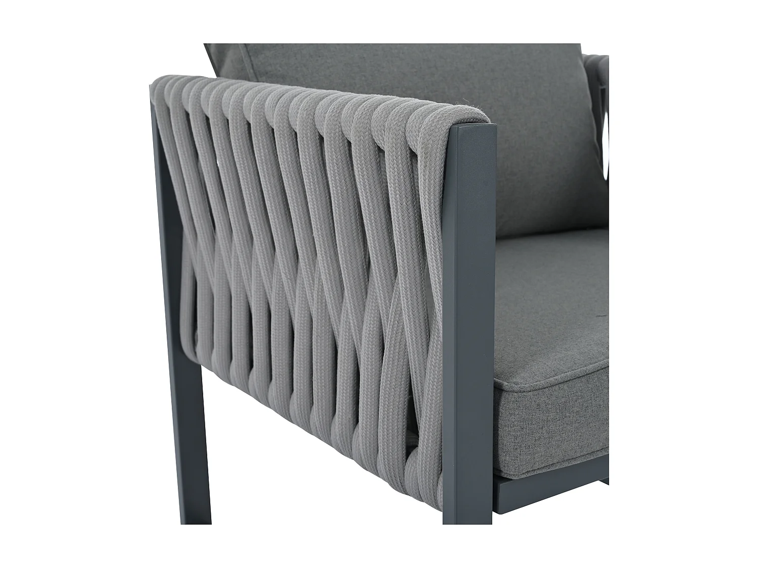 Muebles de jardín de hierro galvanizado - 4 plazas - 1 sofá, 2 sillones y 1 mesa de centro de WPC - decorado con cuerda gruesa - Gris