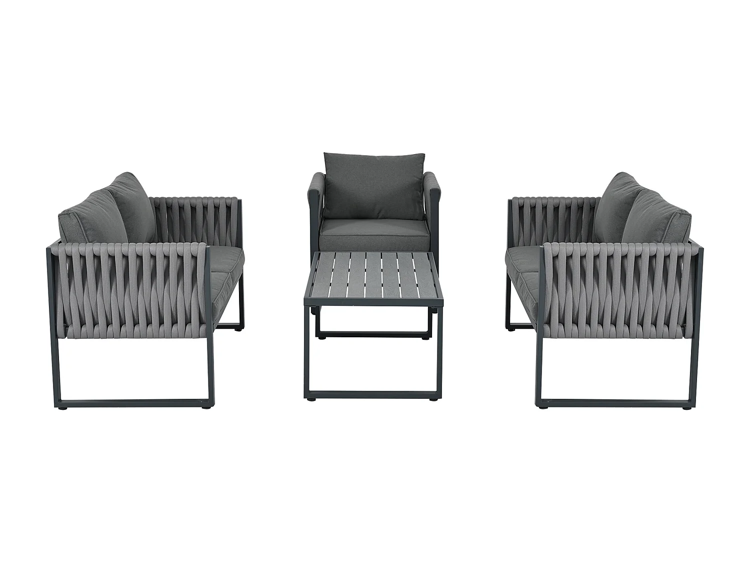 Muebles de jardín de hierro galvanizado - 4 plazas - 1 sofá, 2 sillones y 1 mesa de centro de WPC - decorado con cuerda gruesa - Gris