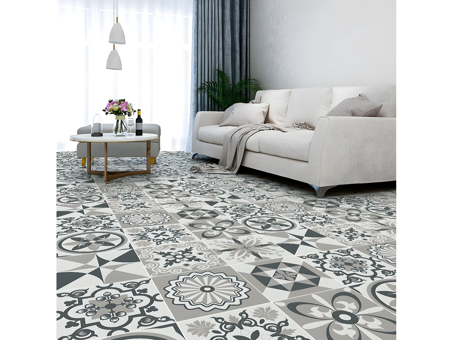 Stickers Sol Anti-dérapant avec Protection - CARREAUX DE CIMENT SAINT MARIN - 90x90cm-9stickers30x30cm