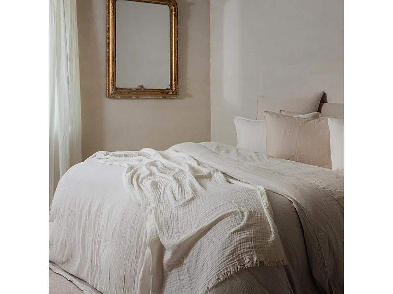 Parure de lit 3 pièces 260x240 cm et 50x70 cm mousseline de coton MILOS beige ficelle