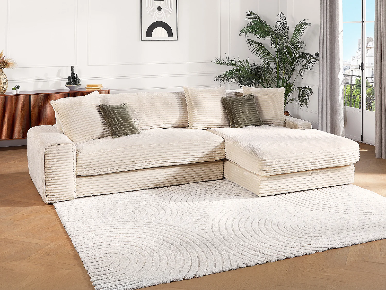 Ecksofa - Ecke rechts - grob gerippter Cord - Beige - CALAZO von Pascal Morabito