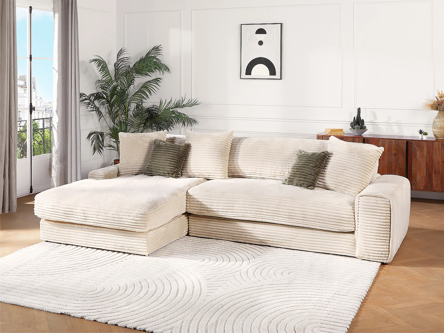 Zitbank met hoek links van beige ribfluweel met brede ribbels CALAZO van Pascal Morabito