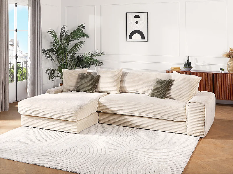 Canapé d'angle gauche en velours côtelé grosses côtes beige CALAZO de Pascal Morabito