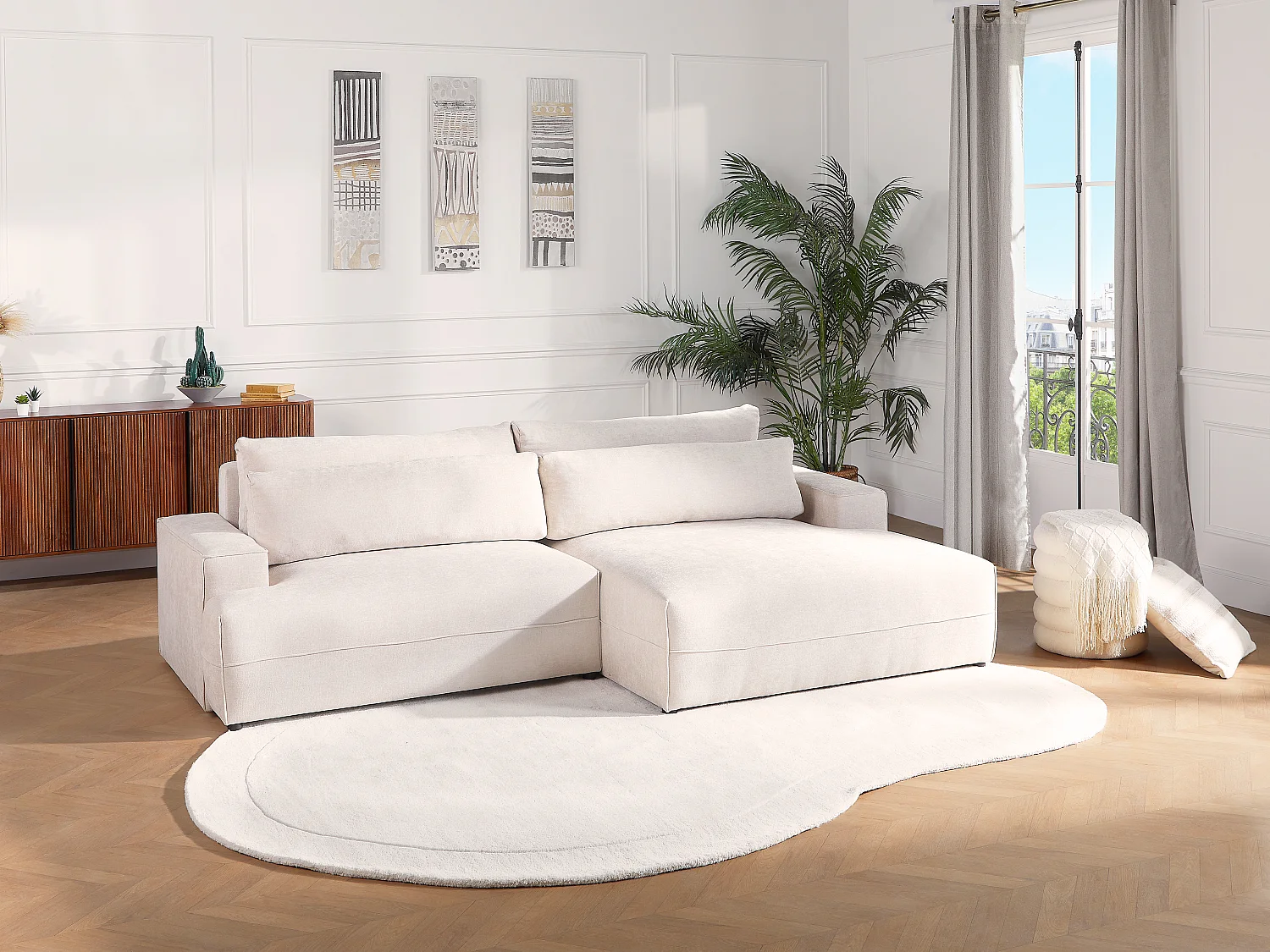 Canapé d'angle droit convertible en tissu texturé beige BREGLIO