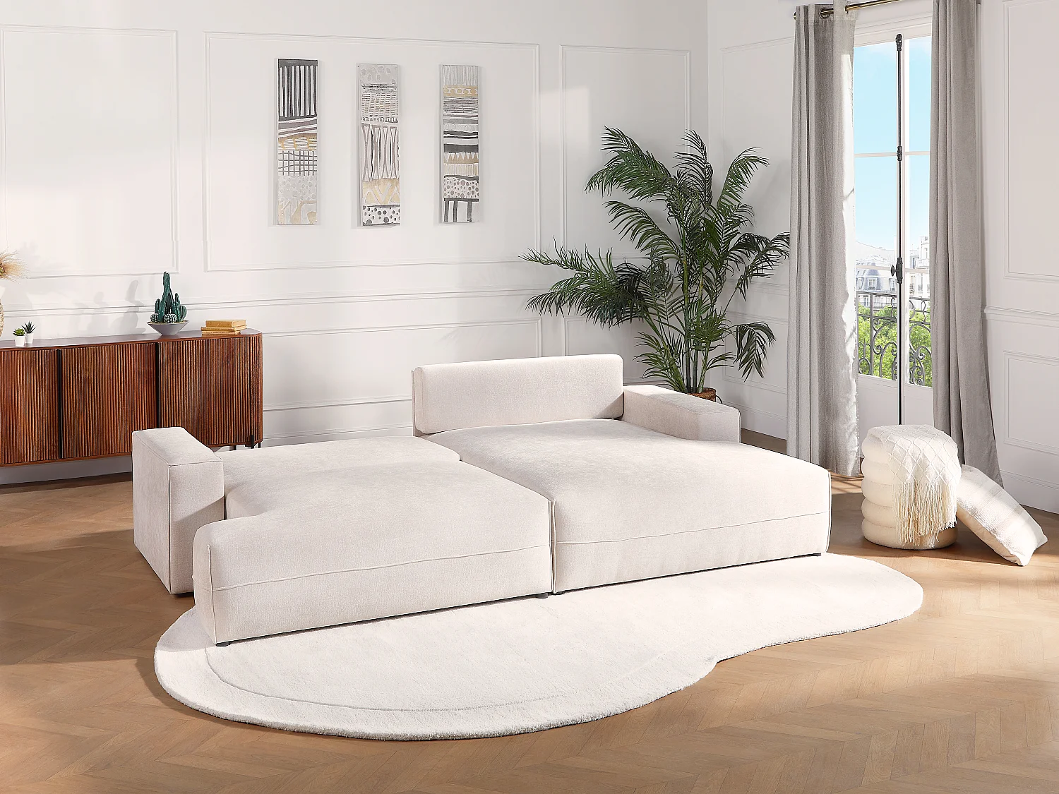 Canapé d'angle droit convertible en tissu texturé beige BREGLIO