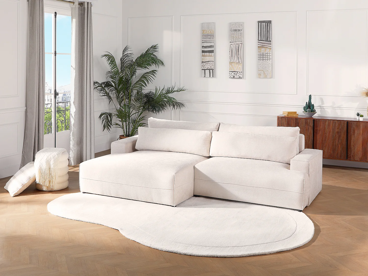 Ecksofa mit Schlaffunktion - Ecke links - Strukturstoff - Beige - BREGLIO