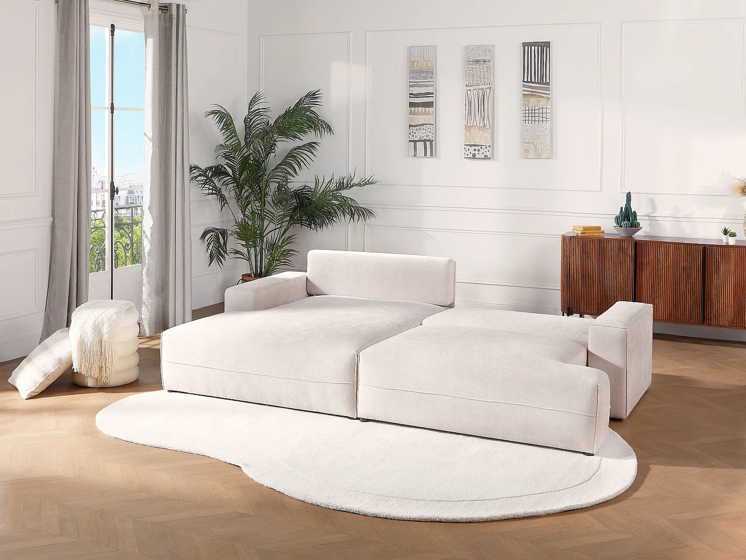 Canapé d'angle gauche convertible en tissu texturé beige BREGLIO