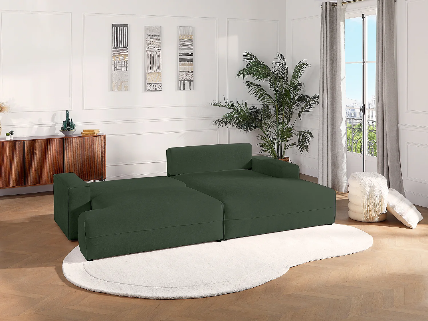 Höger bäddsoffa i grön texturerad textil BREGLIO