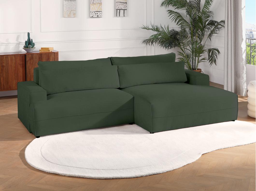 Canapé d'angle droit convertible en tissu texturé vert BREGLIO