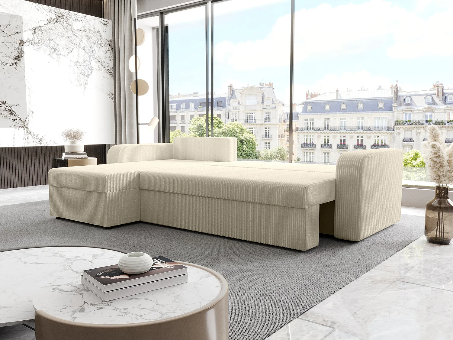Canapé d'angle convertible et réversible en velours côtelé beige ONABIA