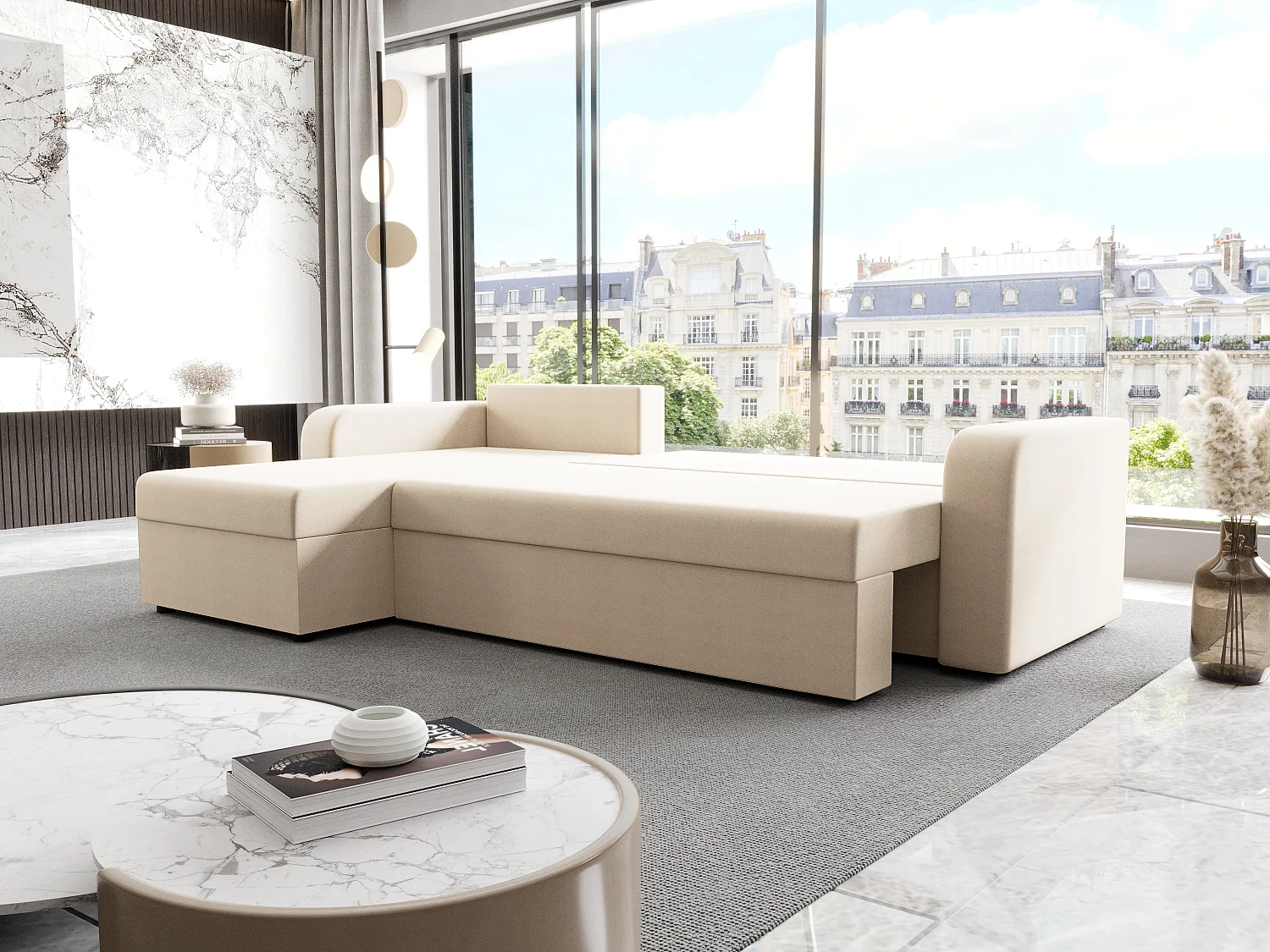 Canapé d'angle convertible et réversible en tissu beige ONABIA