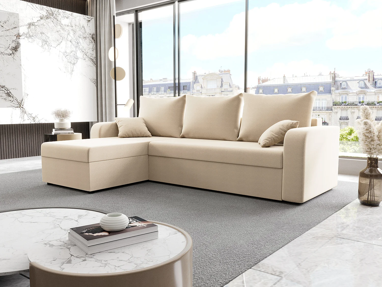 Canapé d'angle convertible et réversible en tissu beige ONABIA