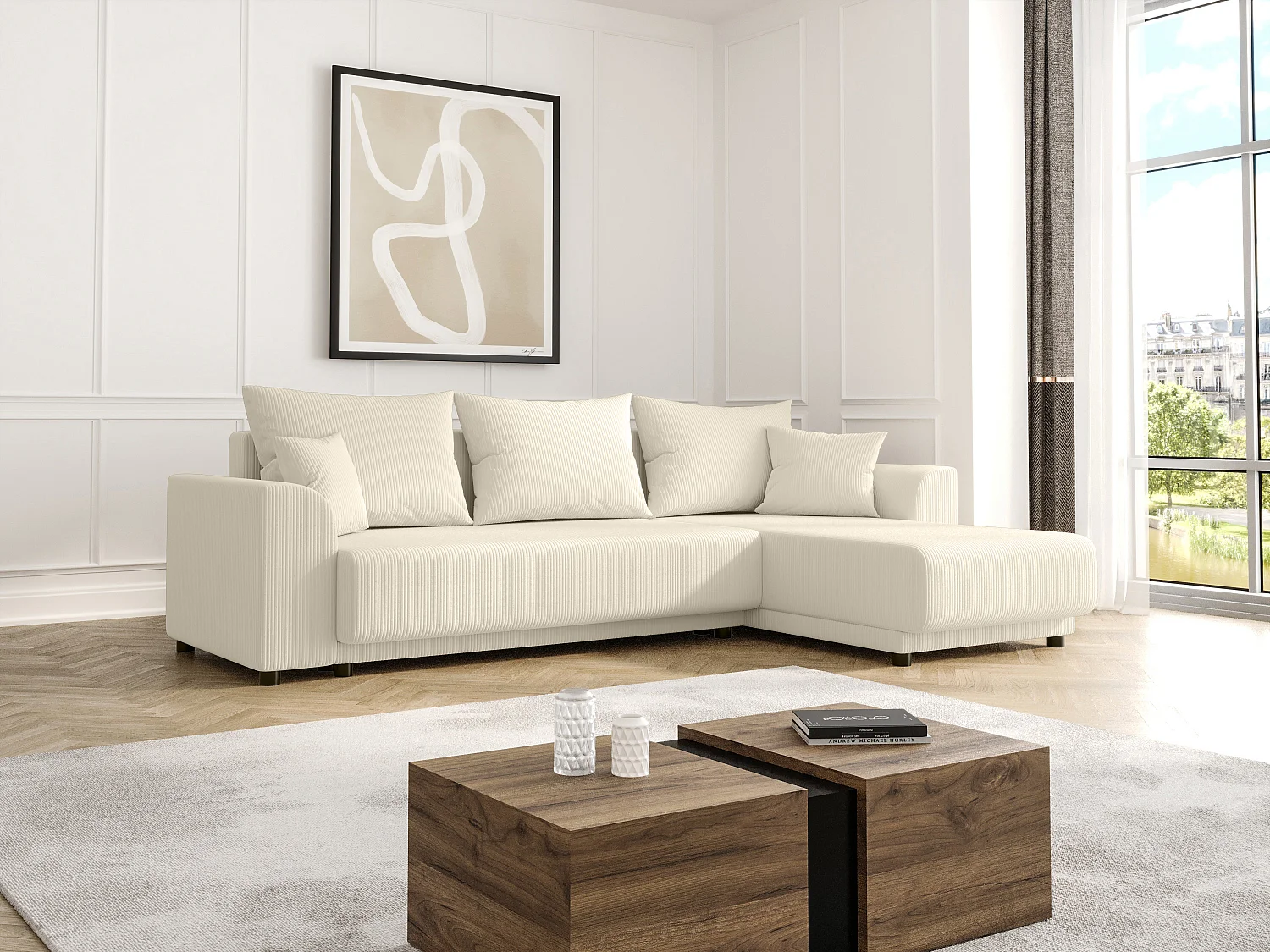 Ecksofa mit Schlaffunktion - Ecke wechselbar - Cord - Beige - NESSARO