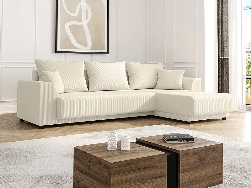 Canapé d'angle convertible et réversible en velours côtelé beige NESSARO