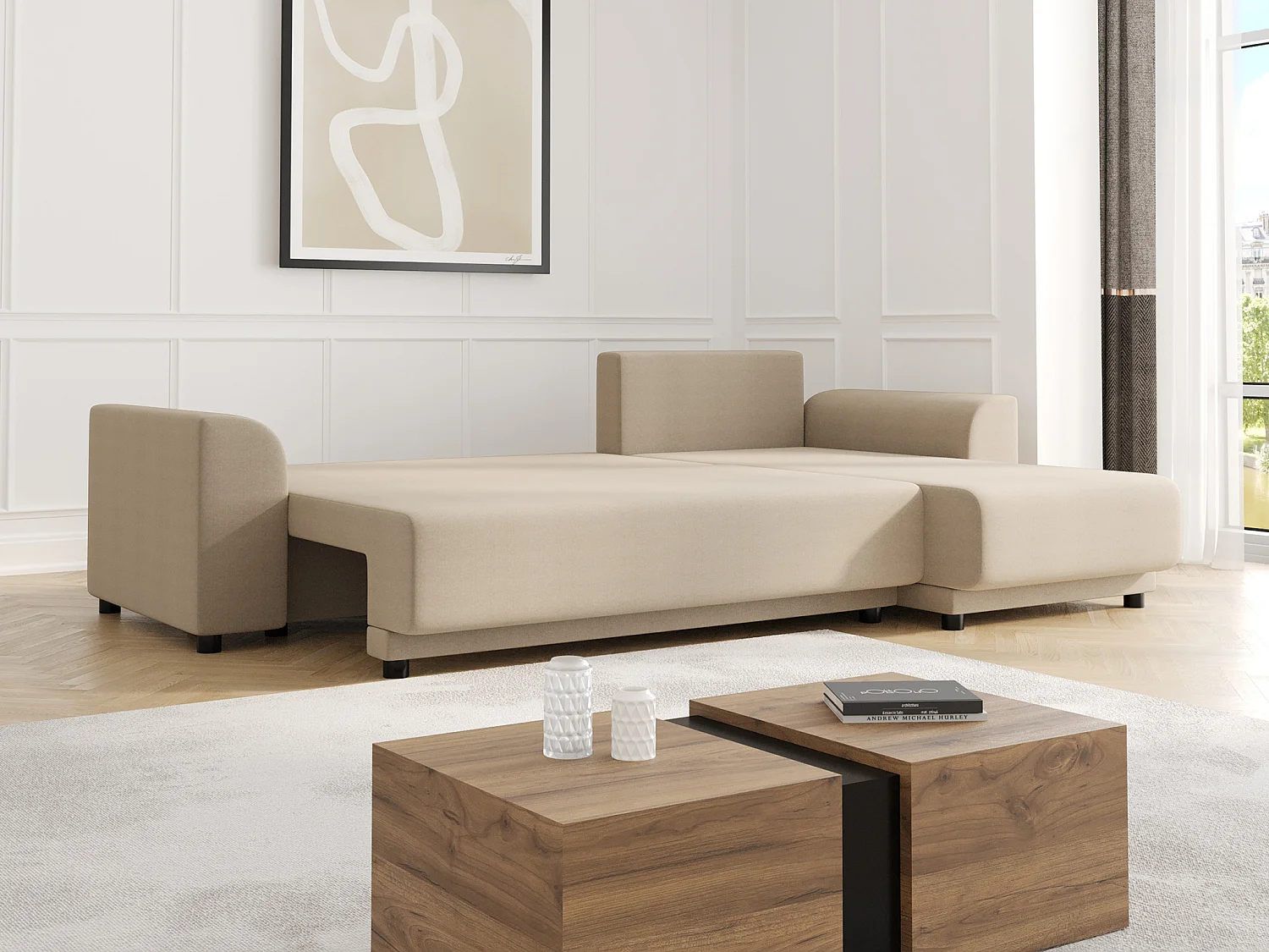 Ecksofa mit Schlaffunktion - Ecke wechselbar - Stoff - Beige - NESSARO