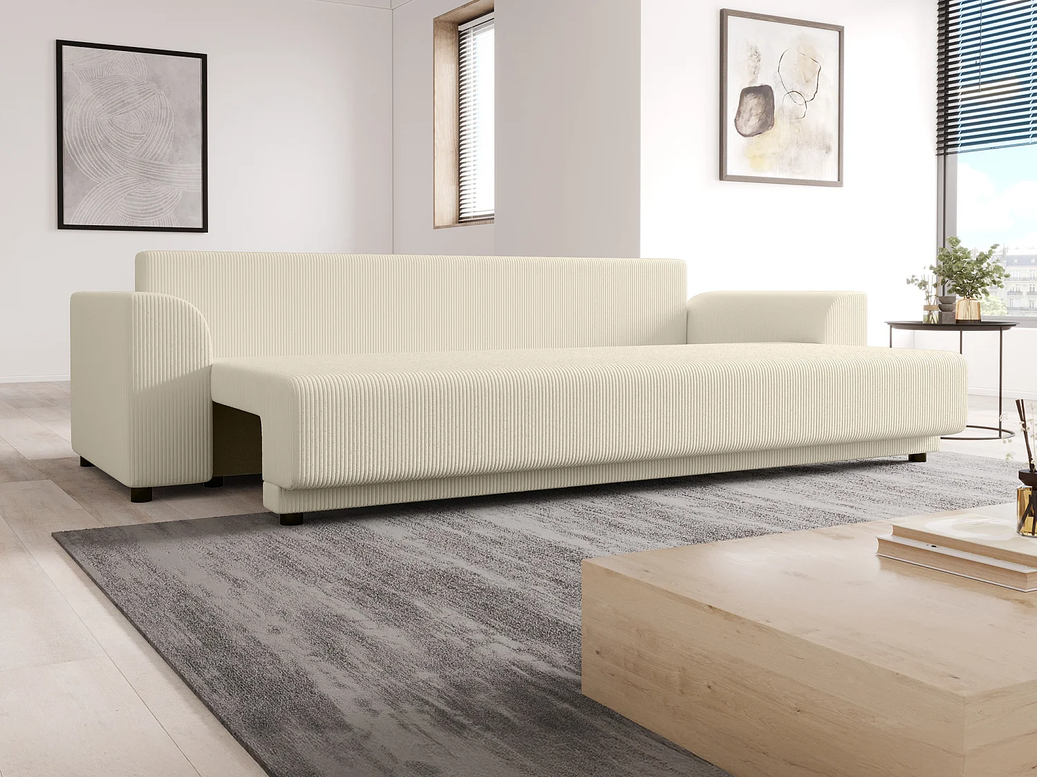 Sofa 3-Sitzer mit Schlaffunktion - Cord - Beige - NESSARO