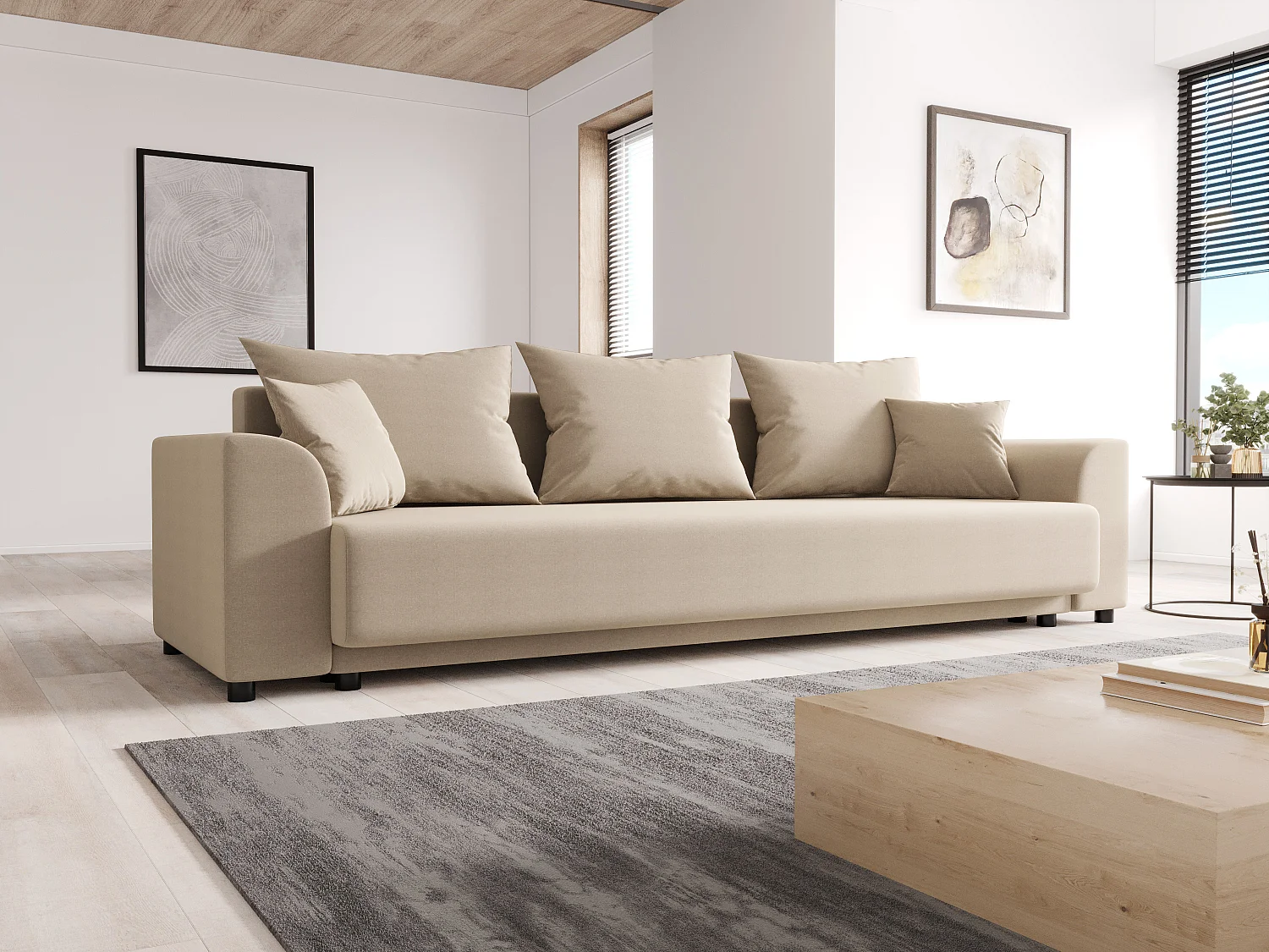 Canapé 3 places convertible en tissu beige NESSARO