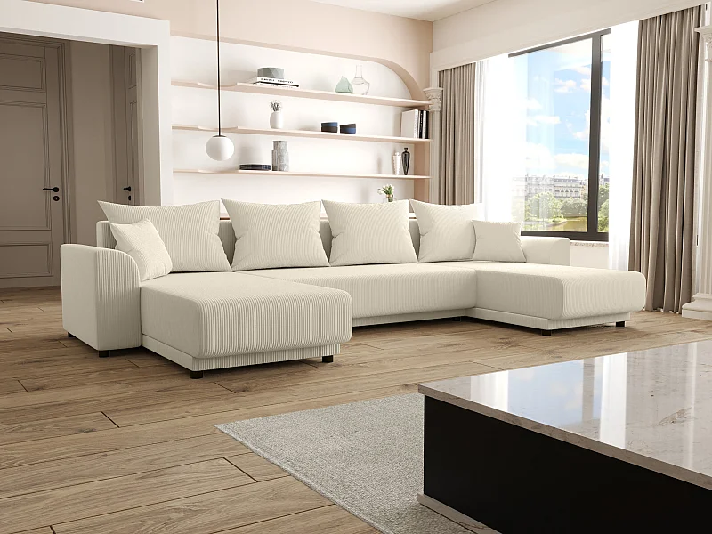 Canapé d'angle panoramique convertible en velours côtelé beige NESSARO