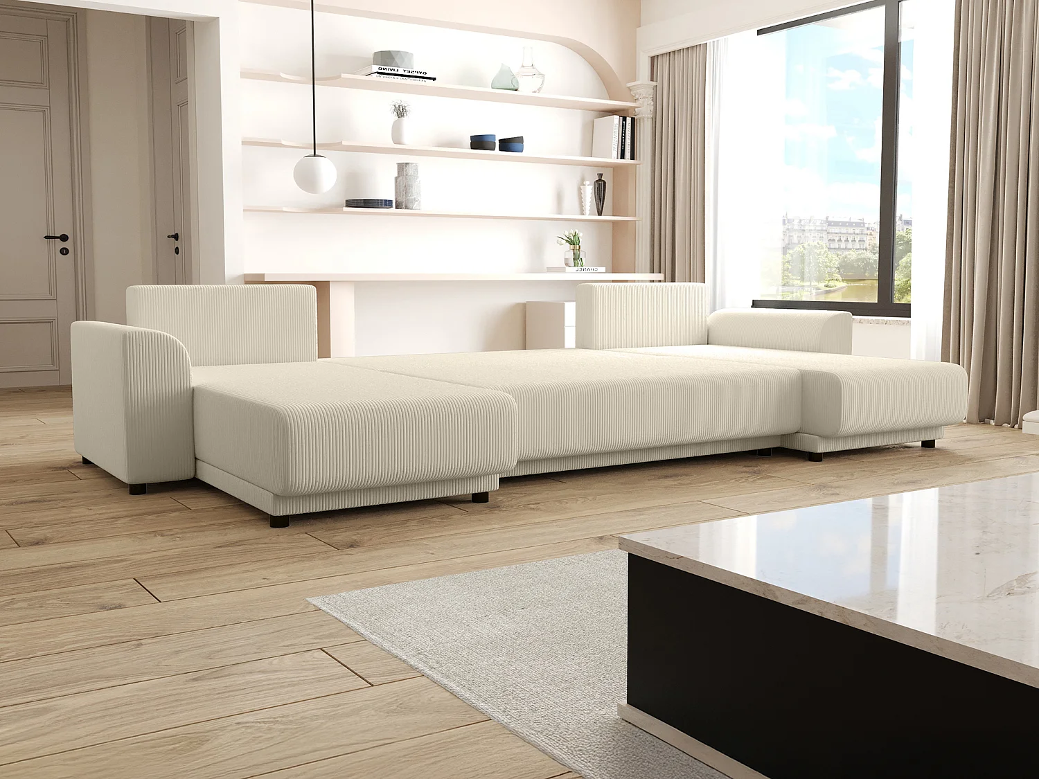 Kanapa narożna wieloosobowa rozkładana z beżowego sztruksu - NESSARO