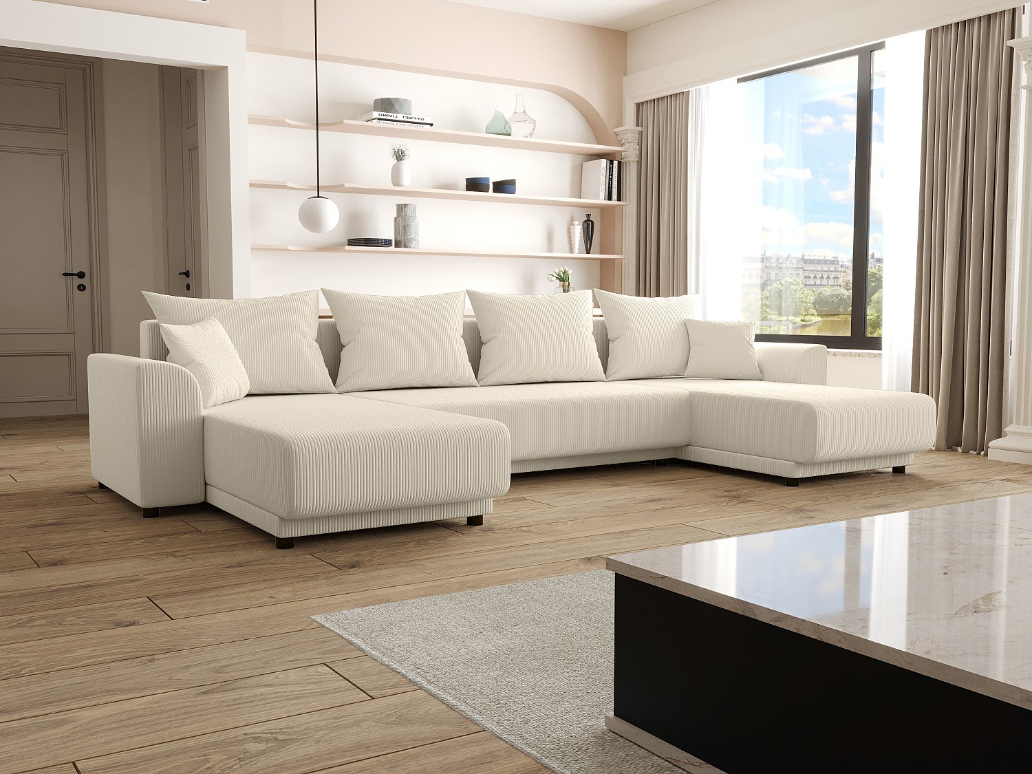 Wohnlandschaft mit Schlaffunktion - Cord - Beige - NESSARO günstig online kaufen