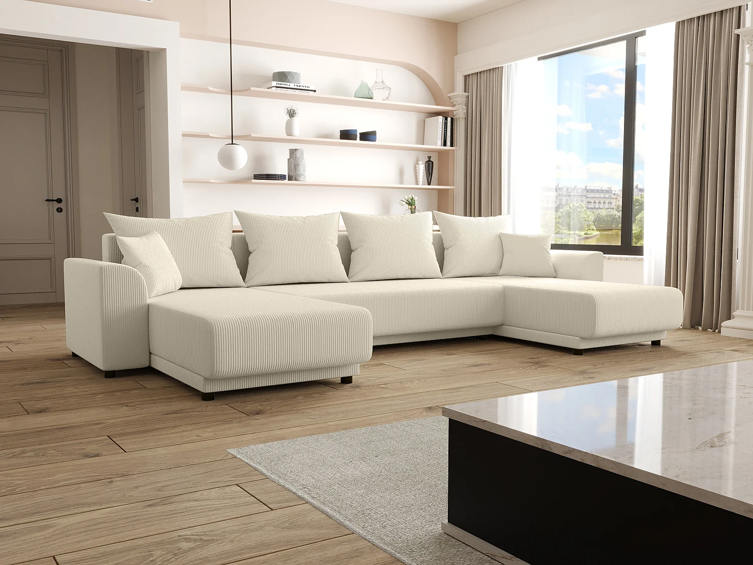 Canapé d'angle panoramique convertible en velours côtelé beige NESSARO