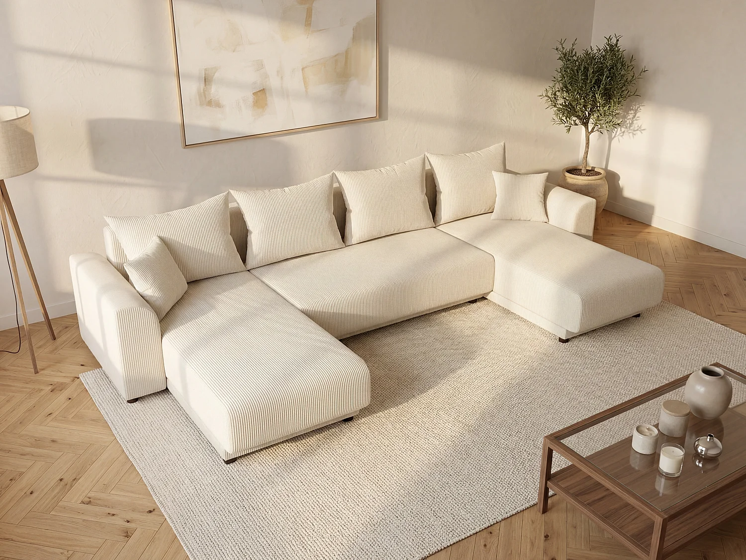 Panoramische hoekslaapbank van beige ribfluweel NESSARO